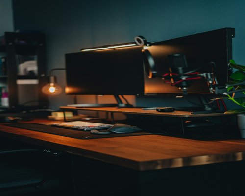 A clean and ergonomic desk setup at home with a laptop, plant, and notepad